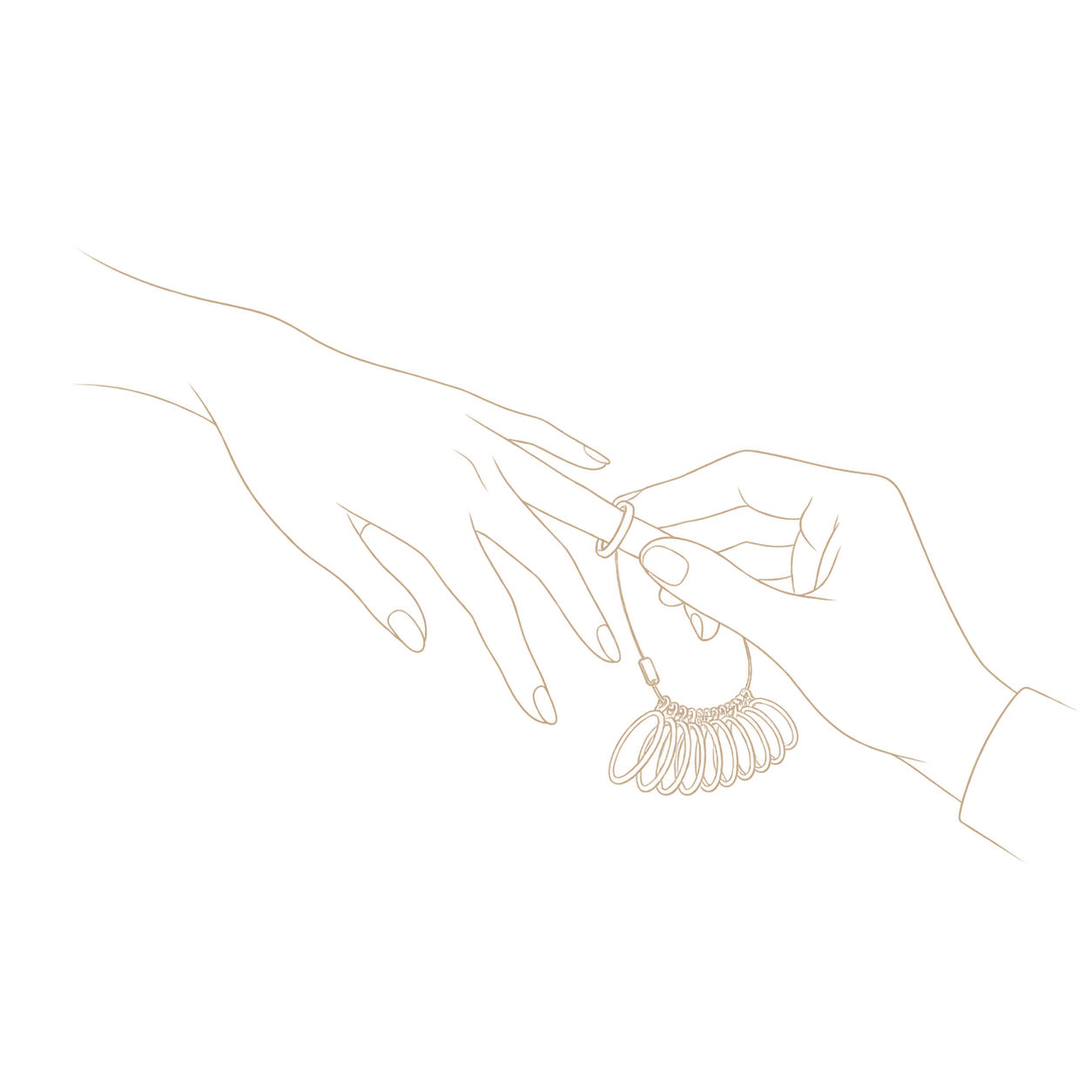 Hand-drawn illustration of a jeweler measuring a ring size