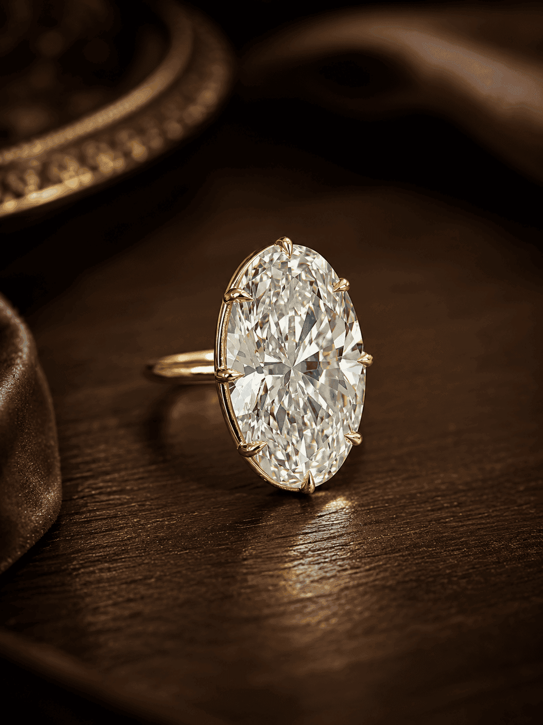 Diamond engagement ring on a dark wooden table