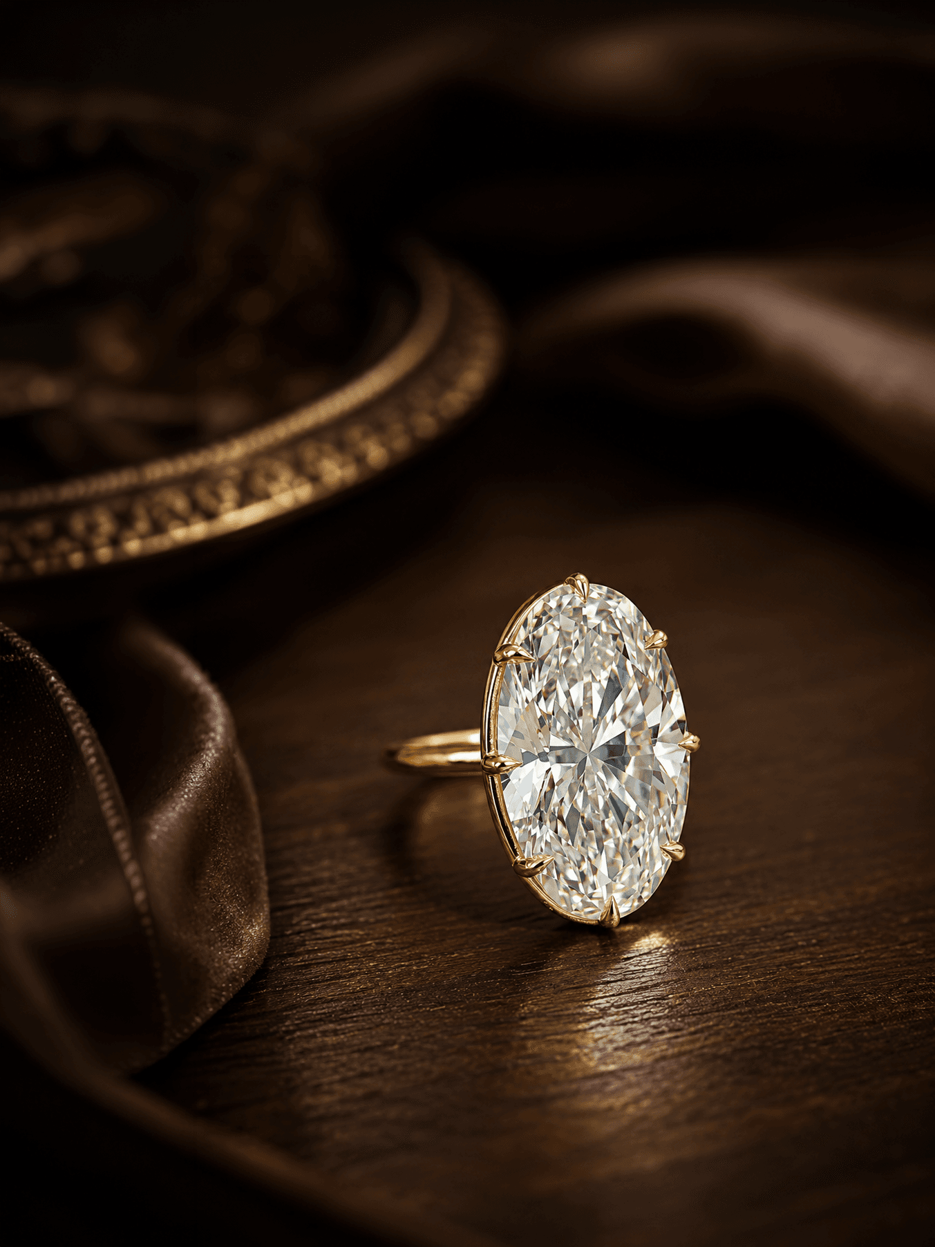 Diamond engagement ring on a dark wooden table
