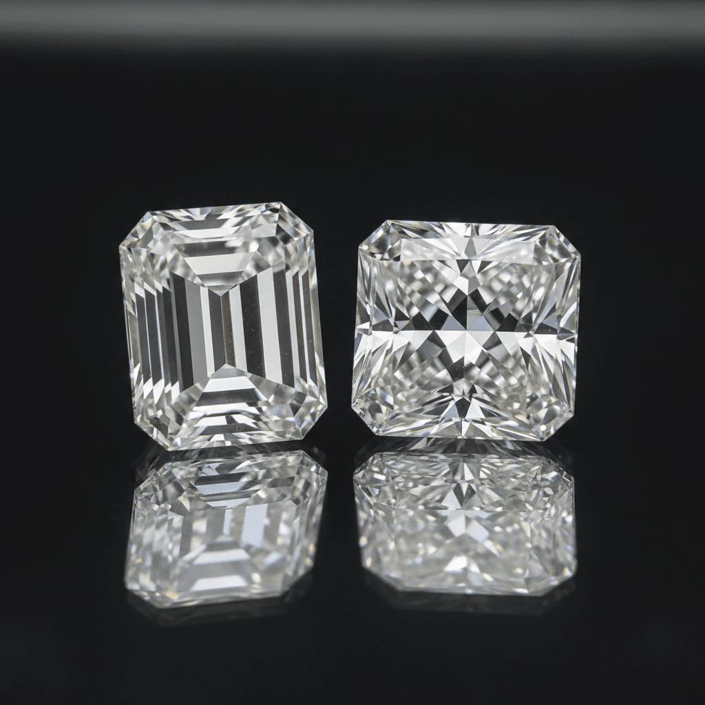 Emerald cut and radiant cut loose diamonds side by side on black reflective surface