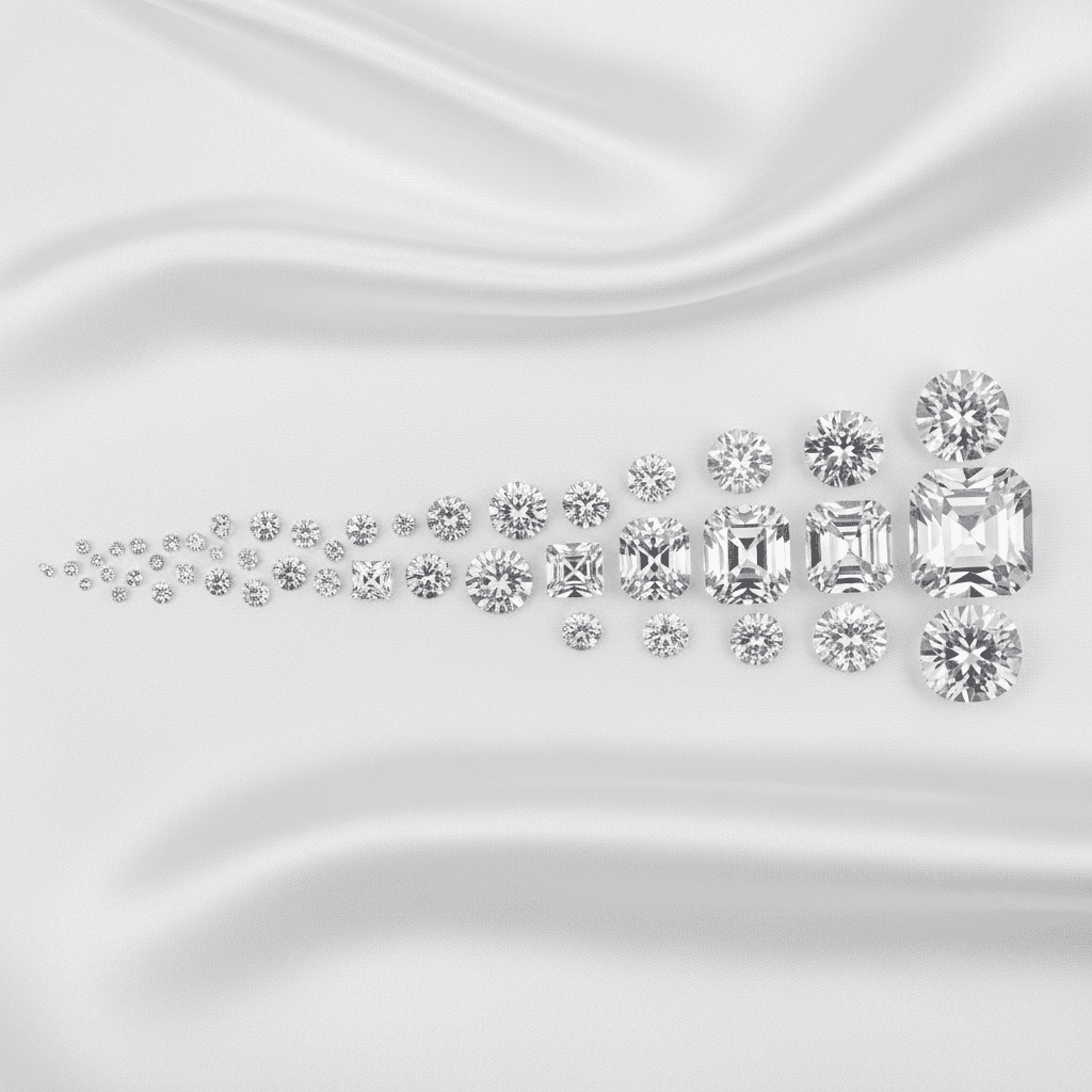 Loose diamonds in round and asscher cuts arranged by size on white silk