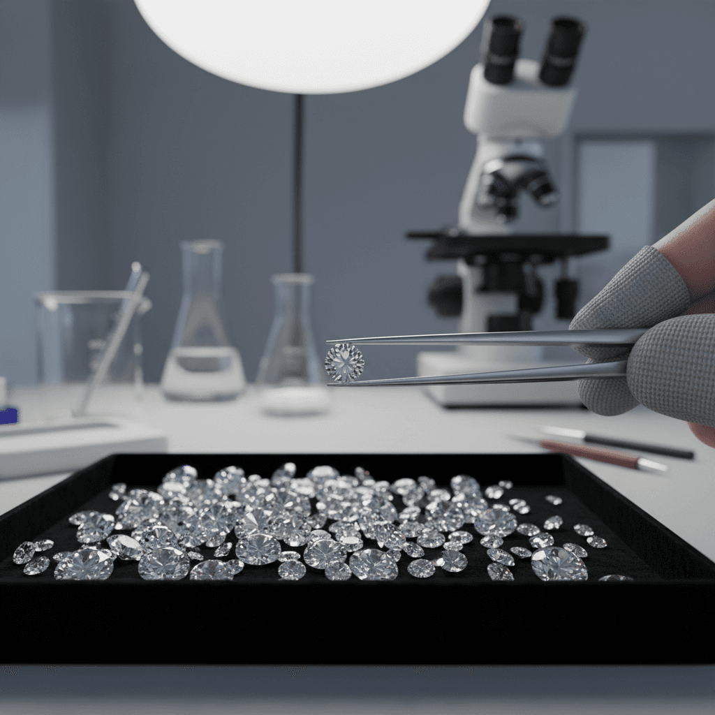Gloved hand holding diamond in tweezers above tray of loose round brilliant diamonds in laboratory