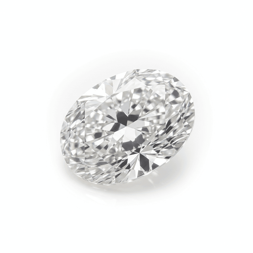 Loose oval-cut diamond with brilliant facets on a white background