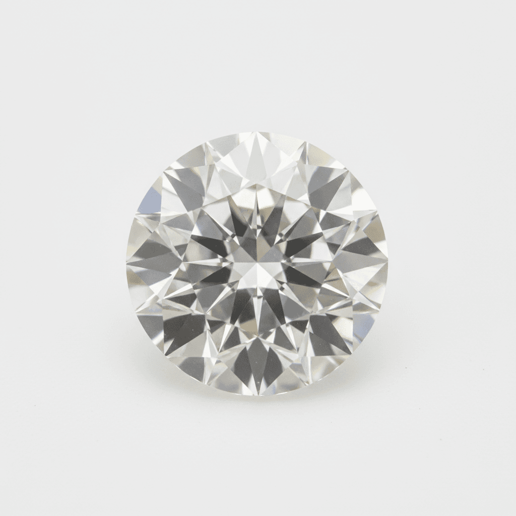 Loose round brilliant diamond viewed from above on a light grey background