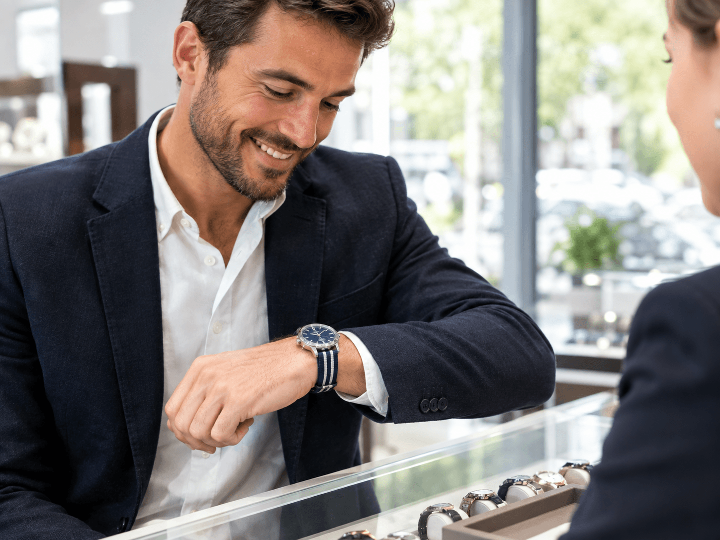 Smiling man in navy blazer admiring a blue-dial watch with NATO strap on his wrist at a jewelry store counter