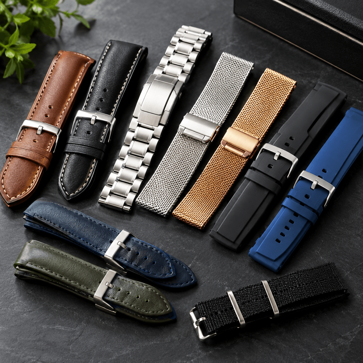Nine watch straps in leather, metal mesh, rubber, and nylon arranged on dark slate