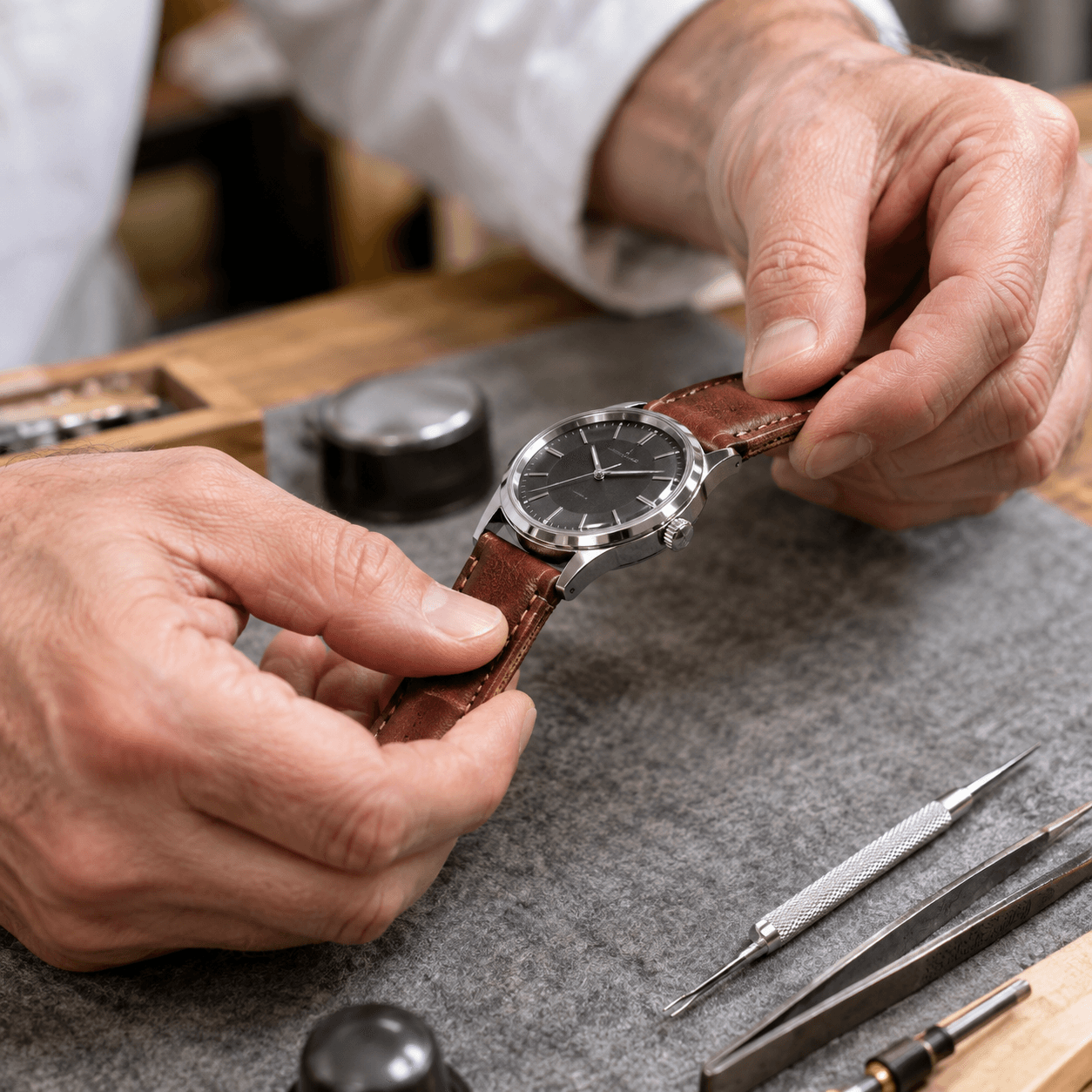 Watchmaker's hands fitting a brown leather strap onto a silver watch with black dial