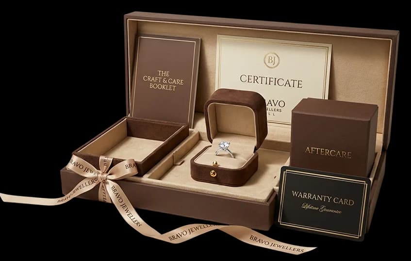 Bravo Jewellers luxury gift set with diamond ring, certificate, warranty card, and aftercare box