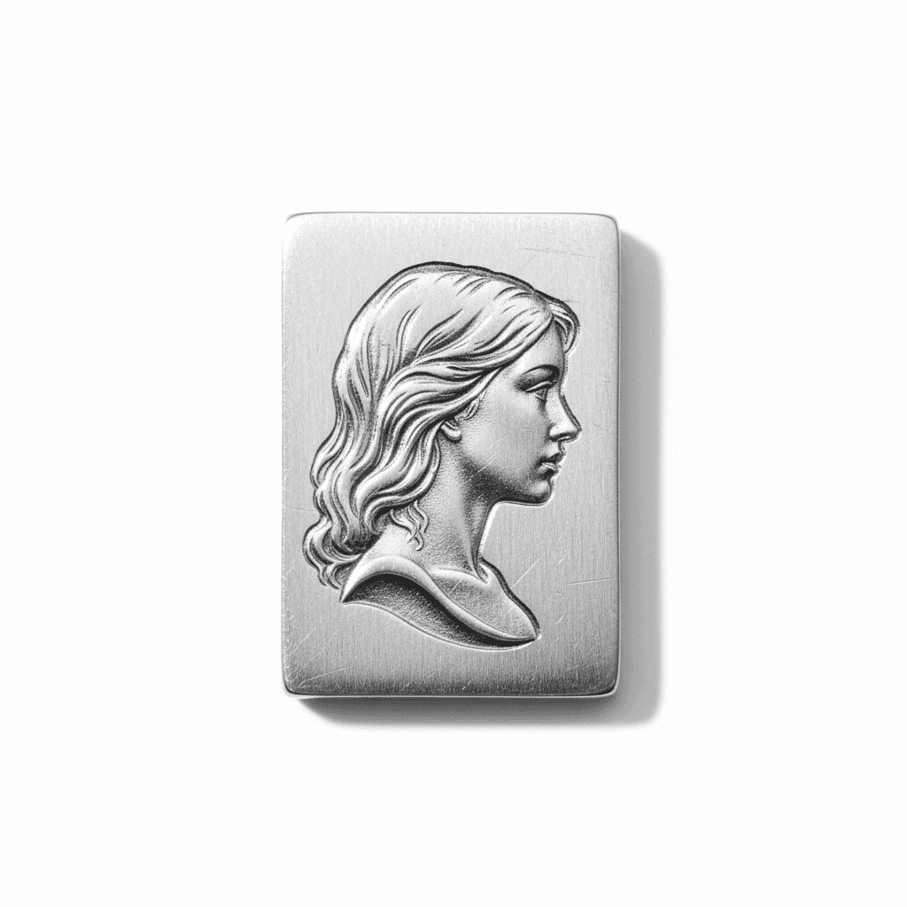 Brushed silver rectangular brooch with embossed woman's profile in relief