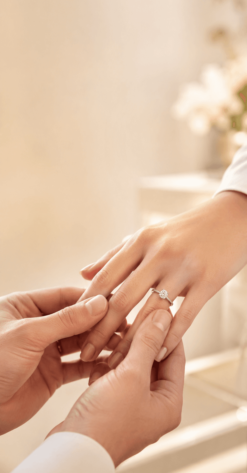 Diamond engagement ring on a dark wooden table