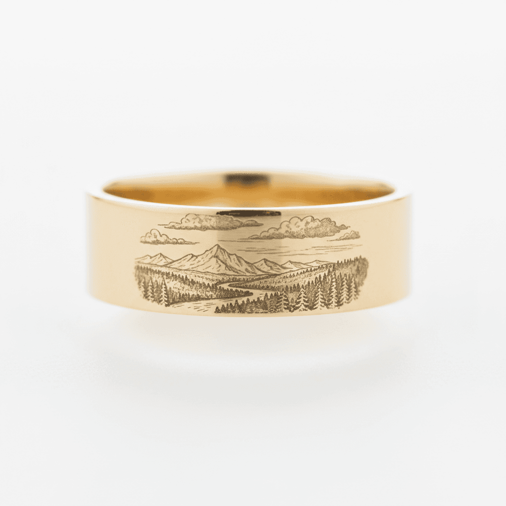 Wide polished gold band engraved with a mountain forest and river landscape