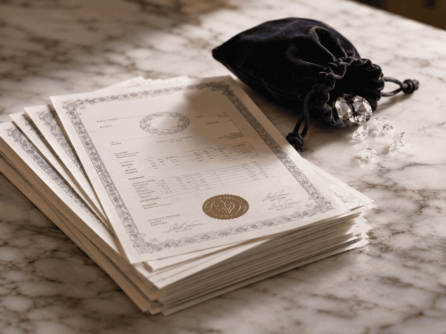 Loose diamonds with navy velvet pouch and diamond grading certificates stacked on marble surface.
