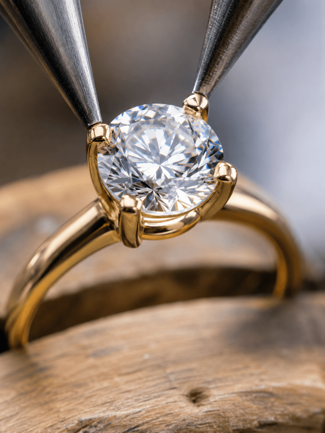 Metal tweezers holding a round brilliant diamond in a four-prong yellow gold solitaire ring setting