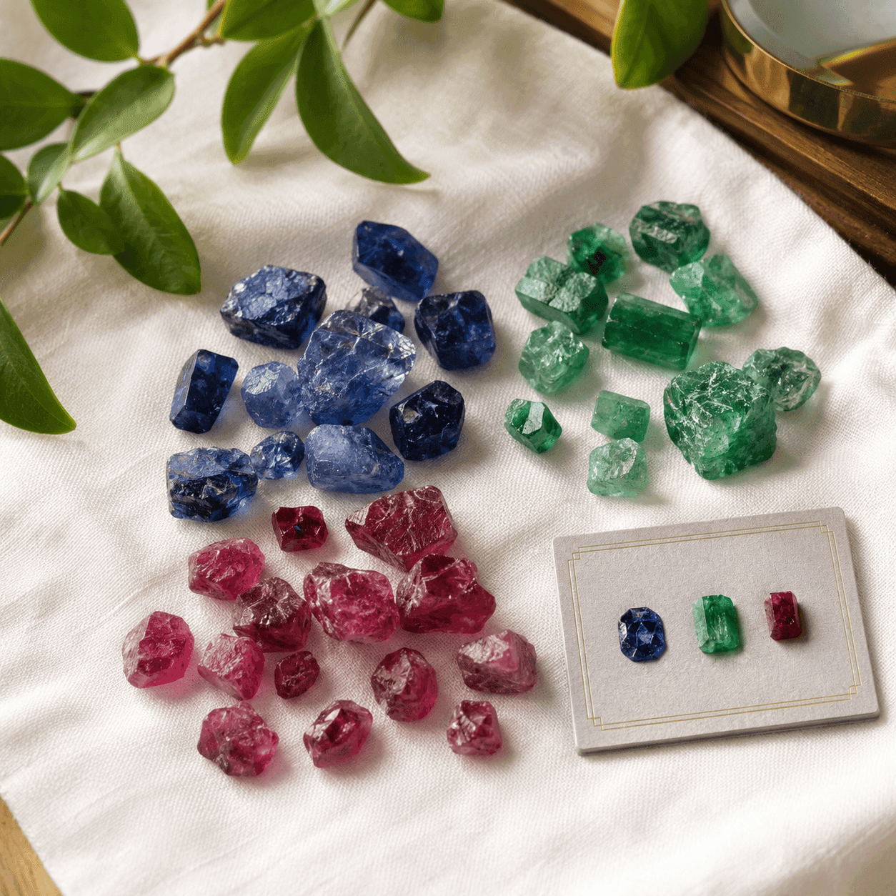 Rough and faceted sapphire, emerald, and ruby gemstones grouped on white linen with green foliage.