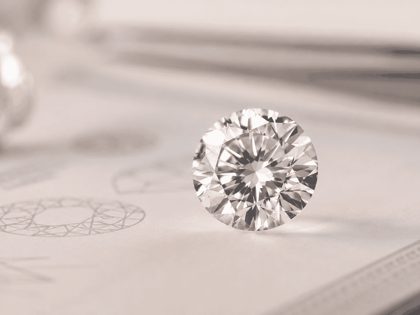 Loose round brilliant-cut white diamond on gemological grading certificate, close-up studio shot.
