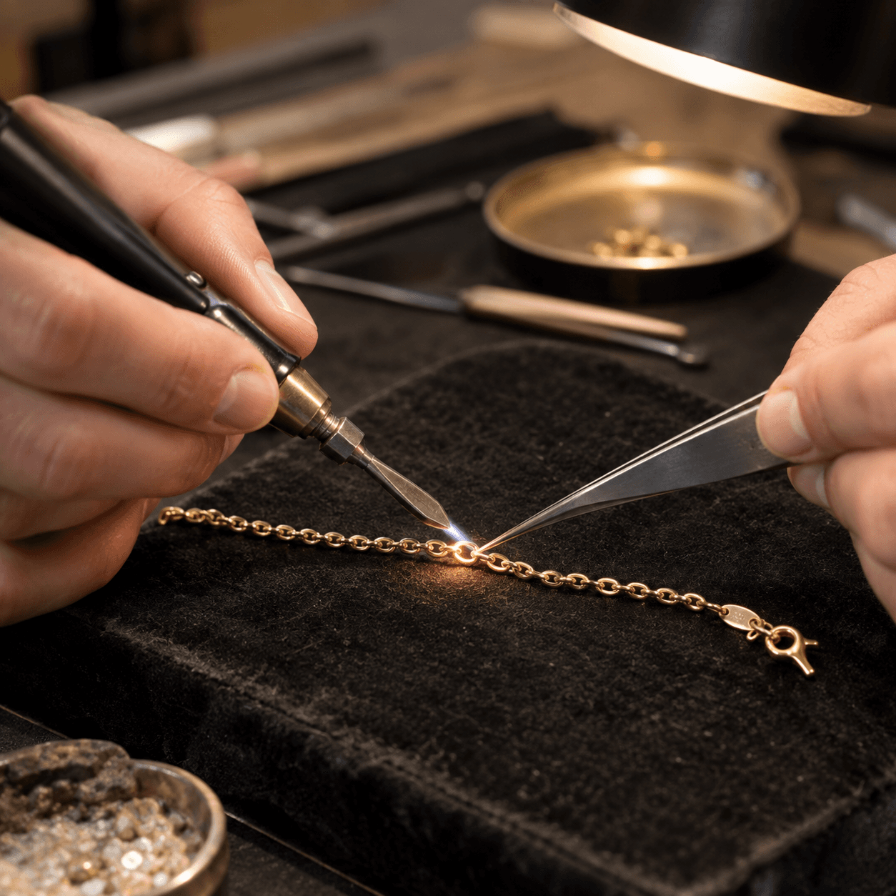 A jeweler's steady hands soldering a delicate gold chain bracelet on a black velvet workbench pad, close-up macro shot, warm