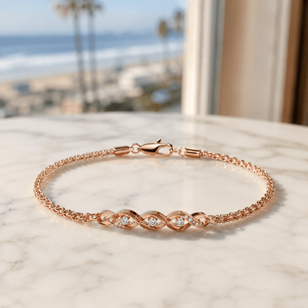 A finished rose gold bracelet laid flat on a white marble surface near a sunny Oceanside storefront window, warm natural