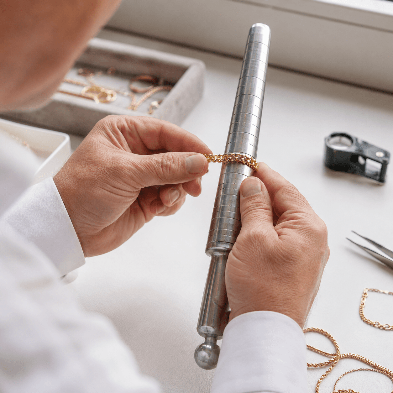 A jeweler's steady hands holding a gold chain bracelet against a sizing gauge on a clean white workbench, close-up shot