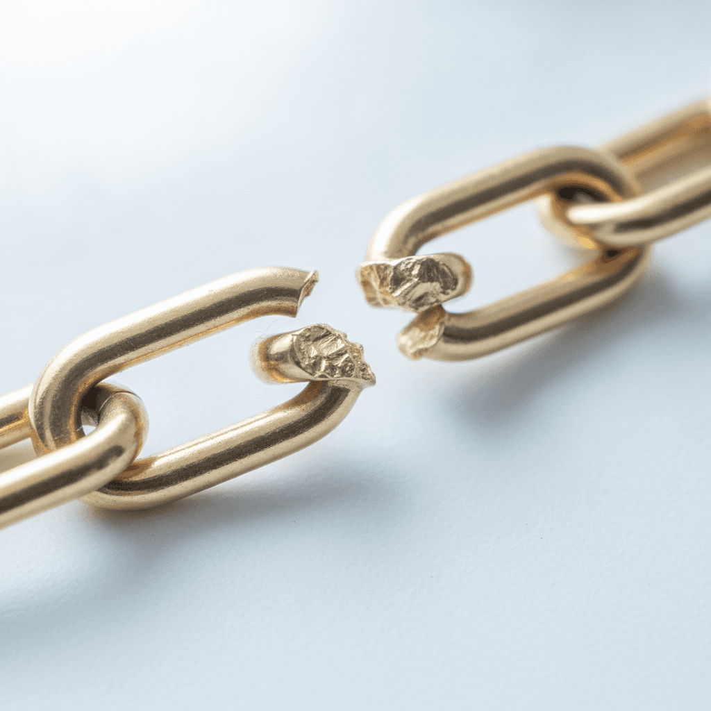 Close-up of a gold chain with one link broken apart at the center