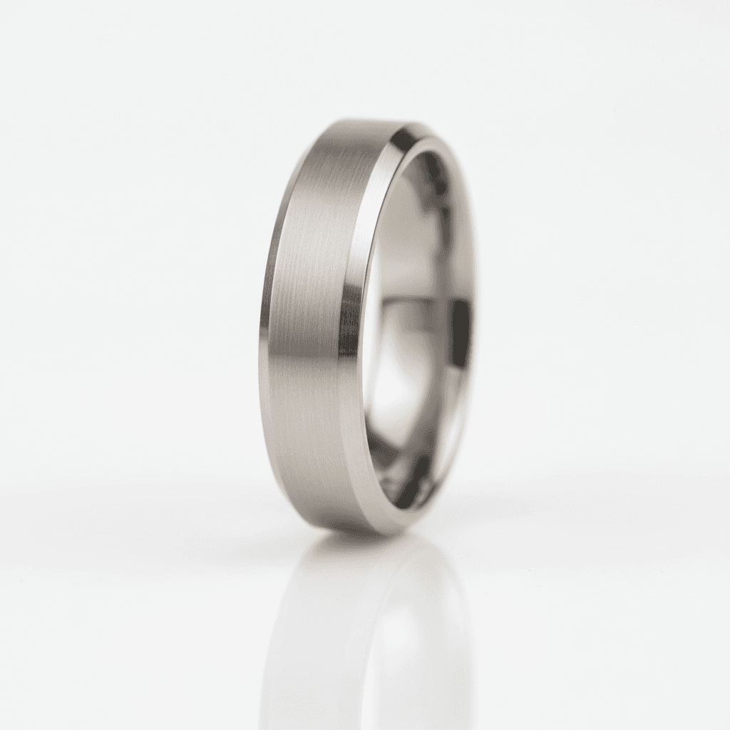 Wide silver-toned band ring with brushed centre and polished bevelled edges