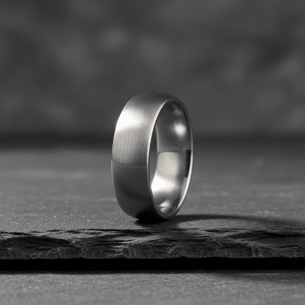 Brushed silver domed wedding band standing upright on dark slate surface