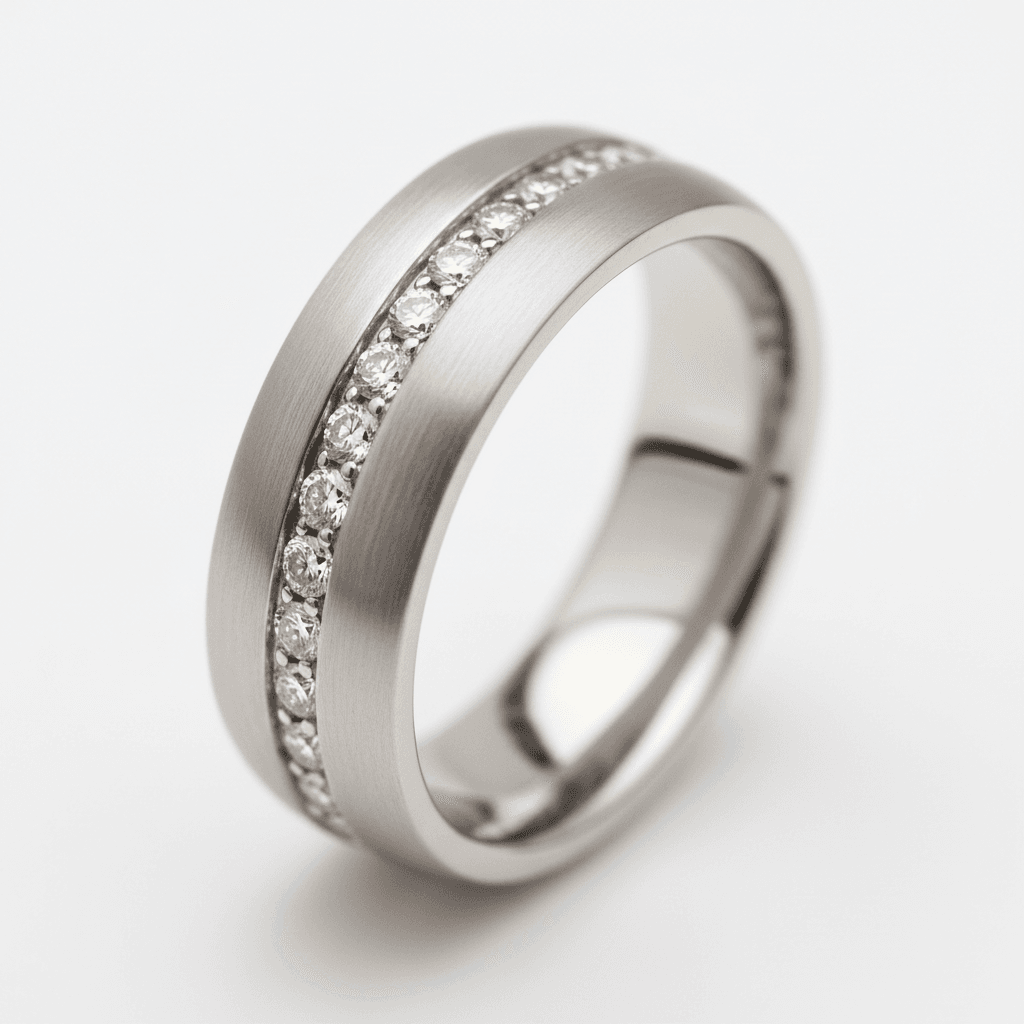 Wide brushed white gold band with a diagonal row of channel-set round diamonds