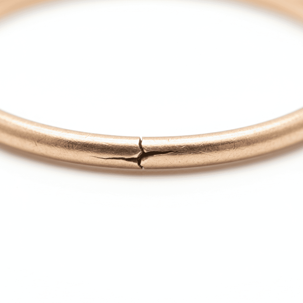 Rose gold bangle bracelet with a visible crack at the seam