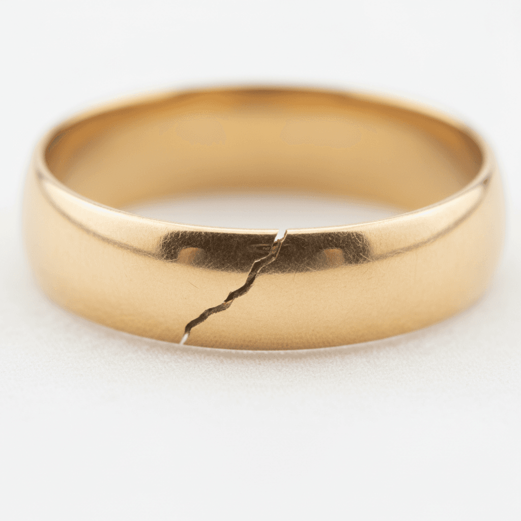 Plain gold wedding band with a deep crack splitting the front face