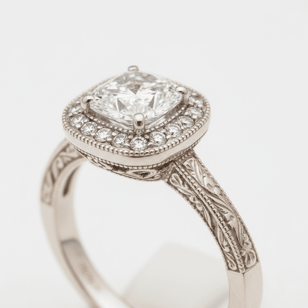 Vintage-style white gold engagement ring with cushion-cut diamond halo and engraved band