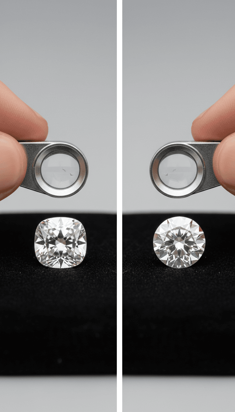 Side-by-side comparison of a cushion-cut and round brilliant loose diamond examined with a jeweler's loupe
