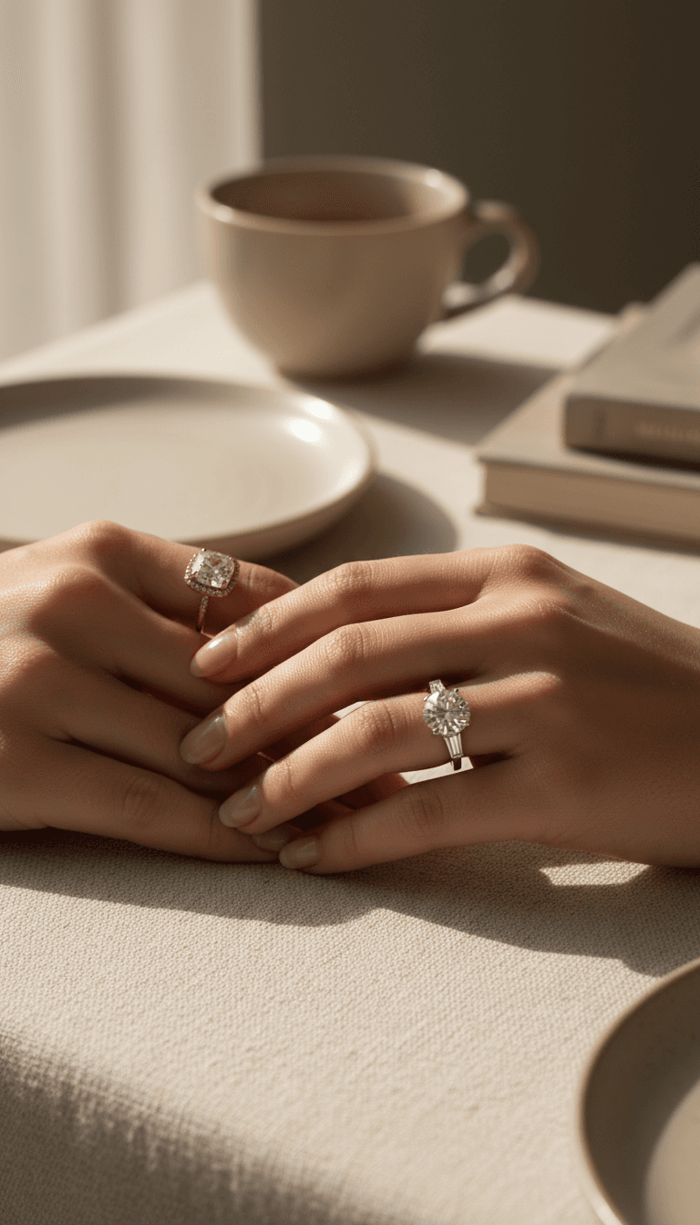 Two hands resting on a linen surface each wearing a diamond engagement ring