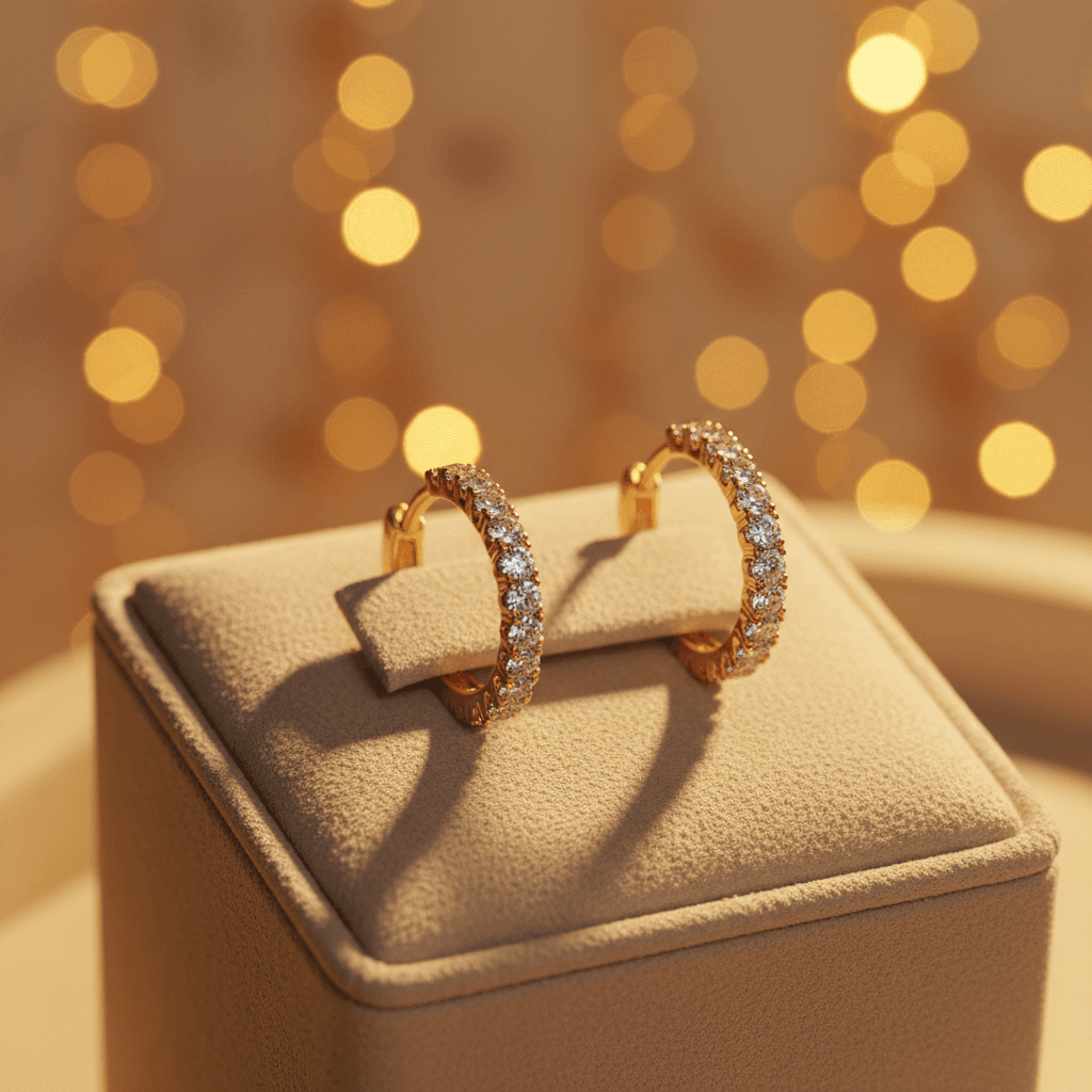 Pair of diamond-set gold hoop earrings displayed on a beige velvet jewelry box