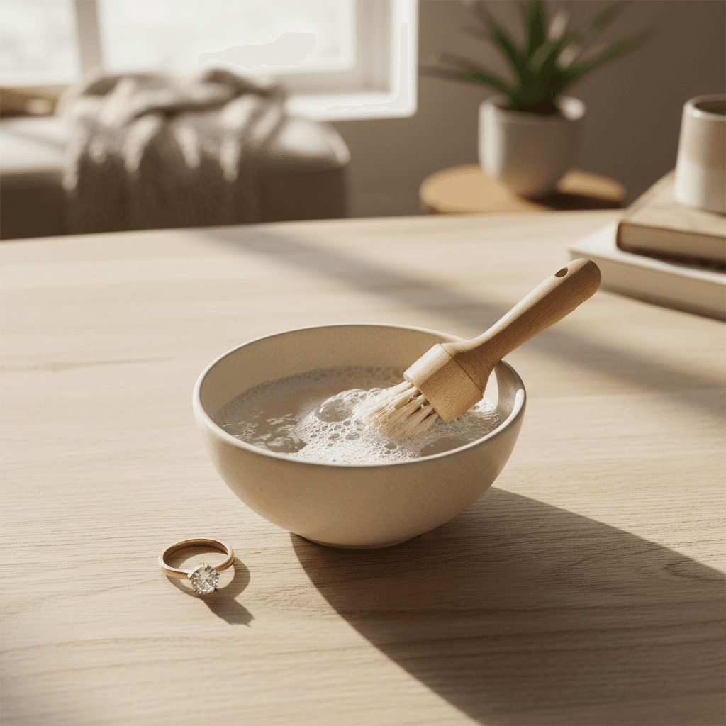 Gold diamond solitaire ring beside a soapy bowl with a wooden cleaning brush