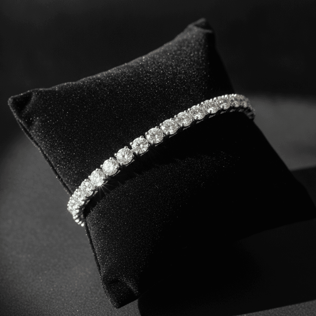Diamond tennis bracelet with round brilliant stones displayed on a black velvet cushion