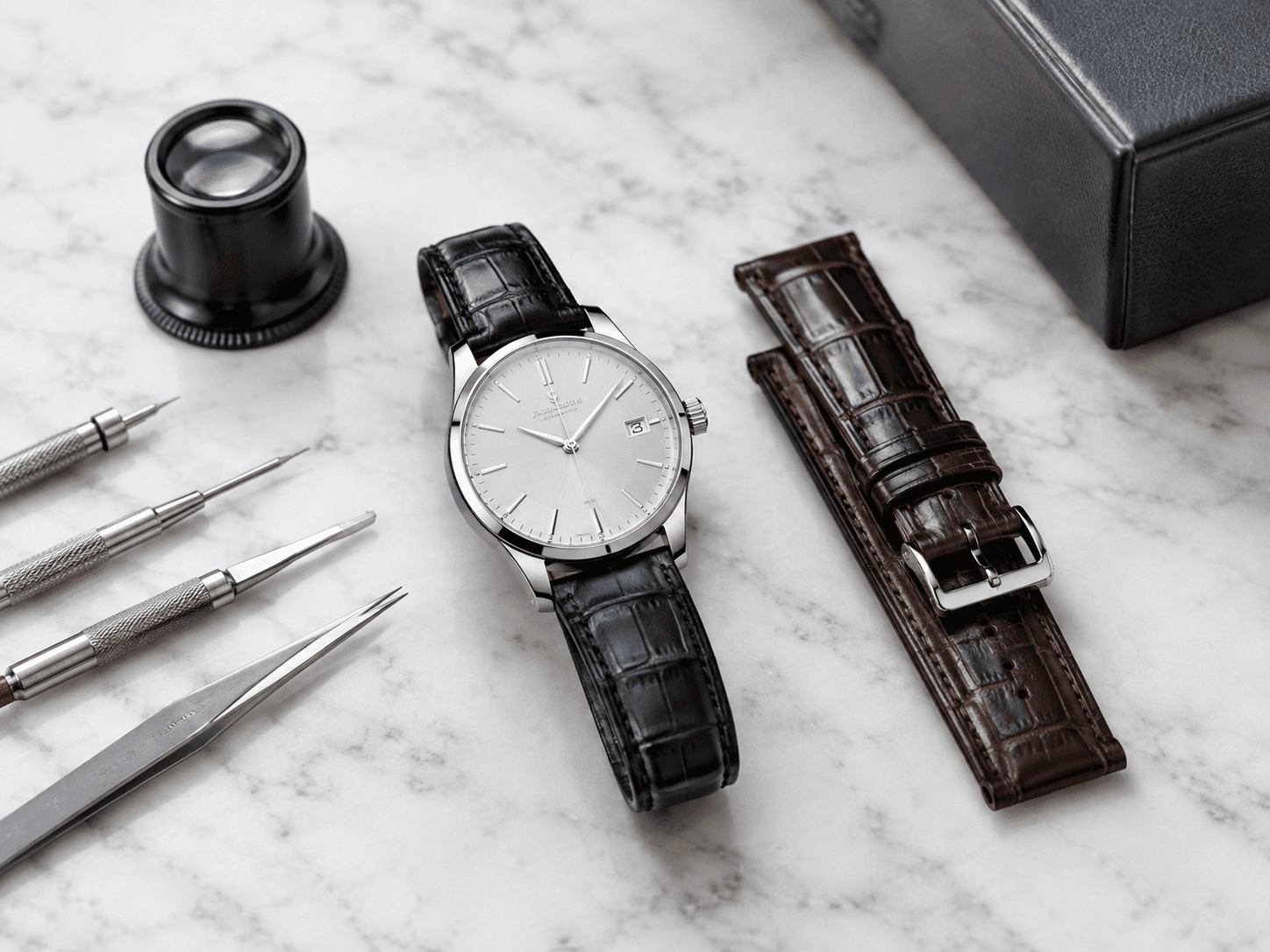 Dress watch with silver dial and black alligator strap beside brown leather strap and watchmaker's tools on marble