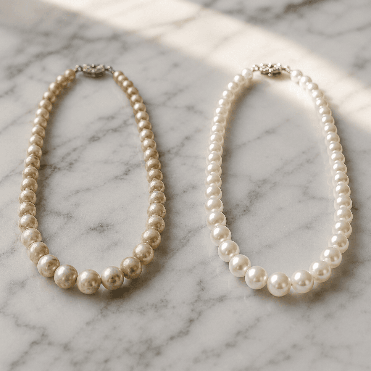 An elegant before-and-after display of a tarnished vintage pearl necklace beside its fully restored, gleaming counterpart on