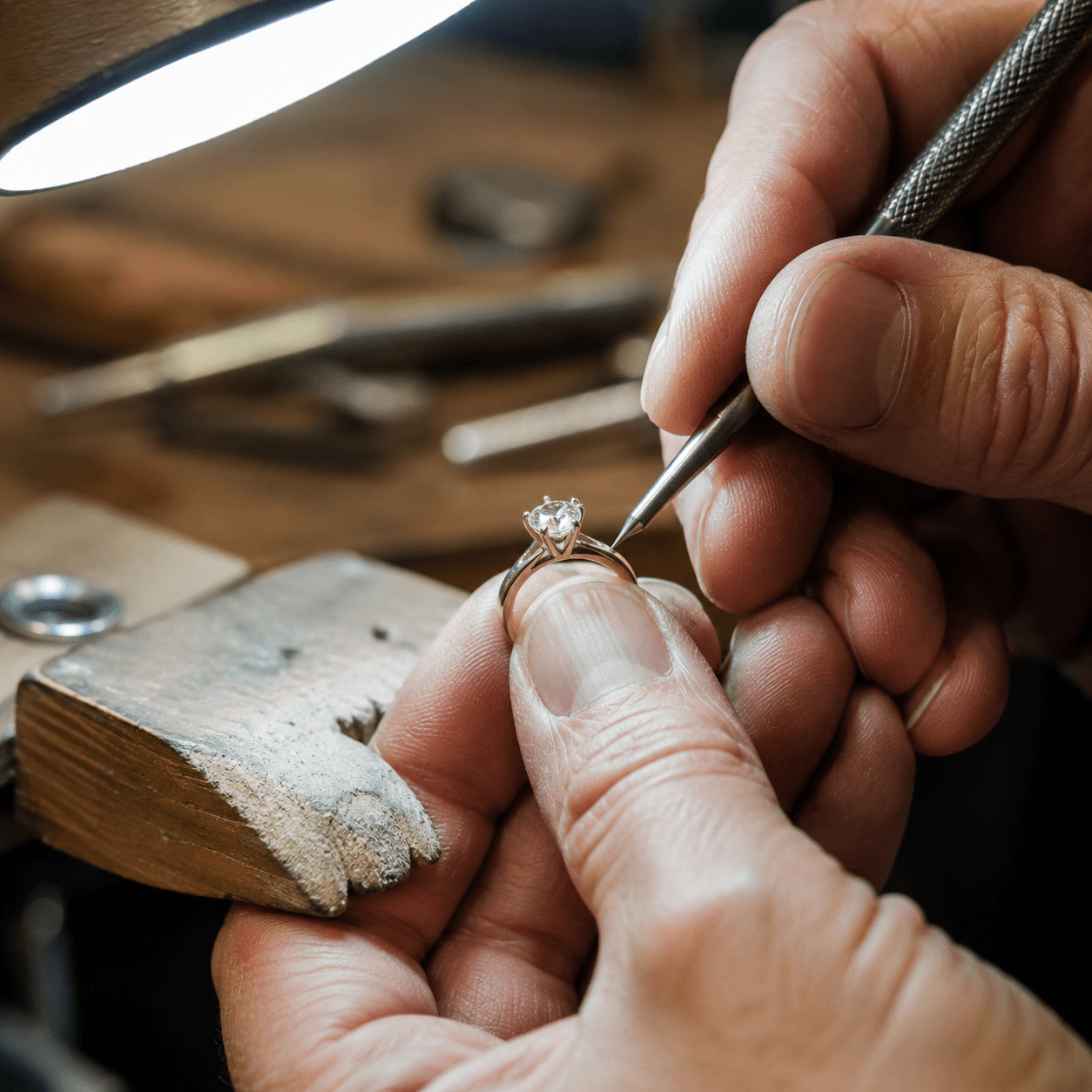 A master jeweler's hands carefully re-tipping a worn prong on a diamond solitaire ring under a bright bench lamp, close-up