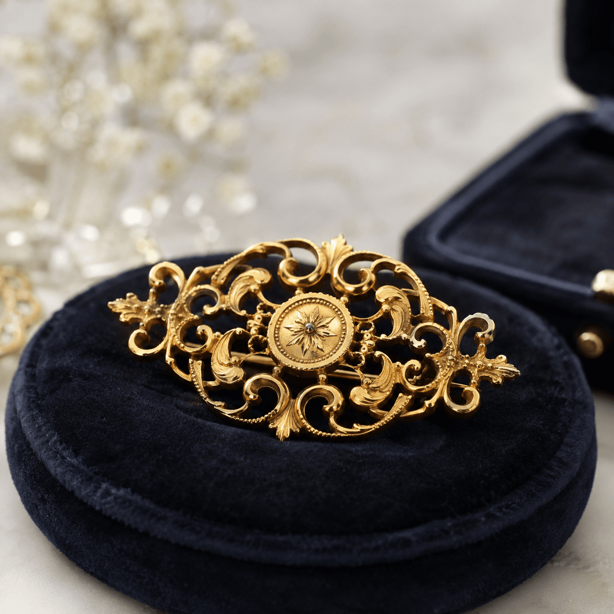 A beautifully restored antique gold brooch with intricate filigree detail resting on a dark velvet jeweler's pad, soft