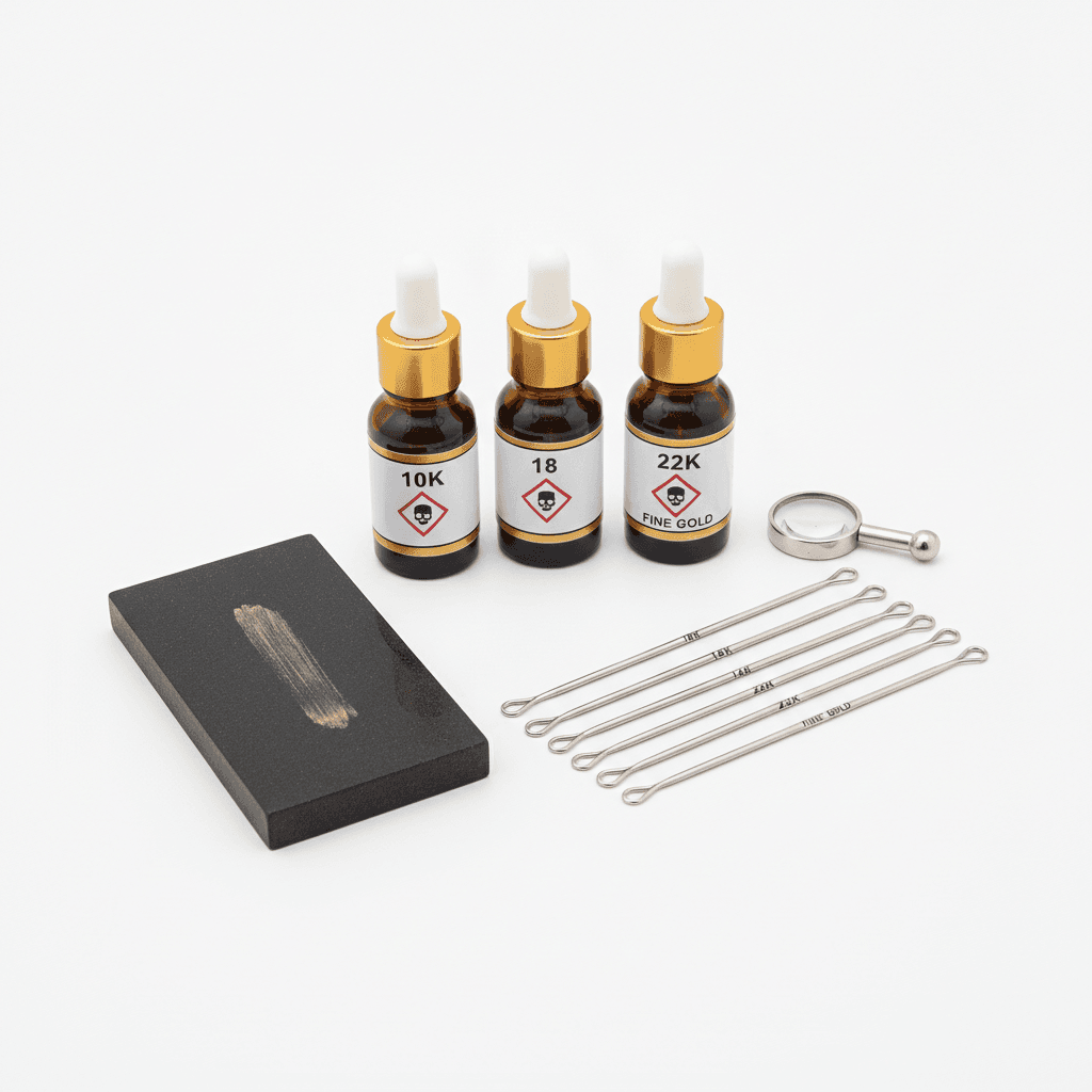 Gold testing kit with three acid bottles, touchstone, test needles, and loupe
