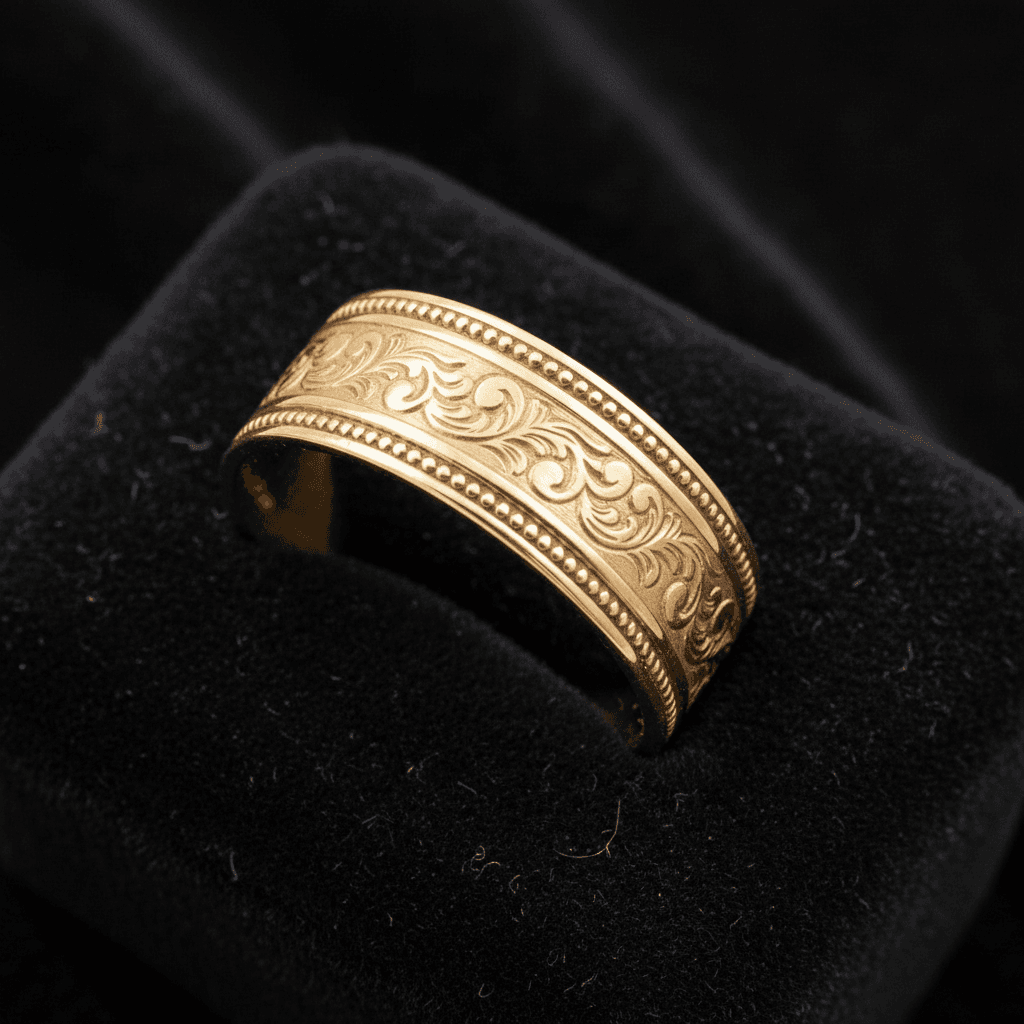 Wide gold band ring with engraved scrolling floral pattern and milgrain edges