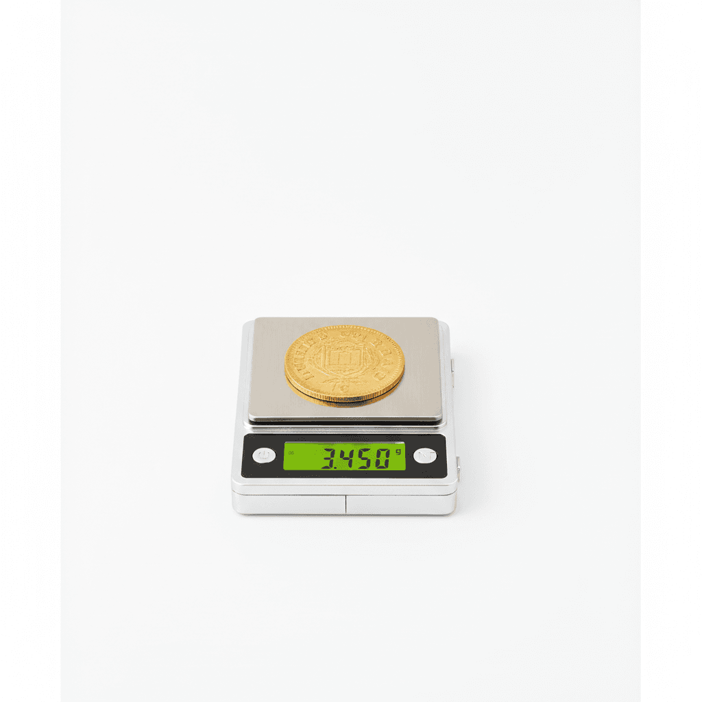Gold coin resting on a compact digital scale reading 3.45 grams