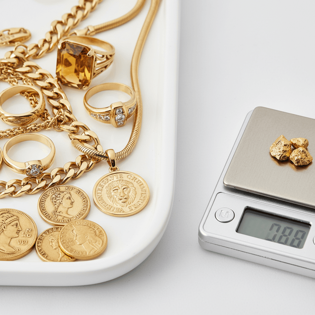 Gold rings, chains, coin pendants, and nuggets beside a digital jewelry scale