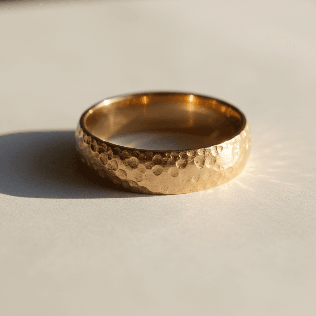 Wide gold band ring with hammered dimple texture on white surface