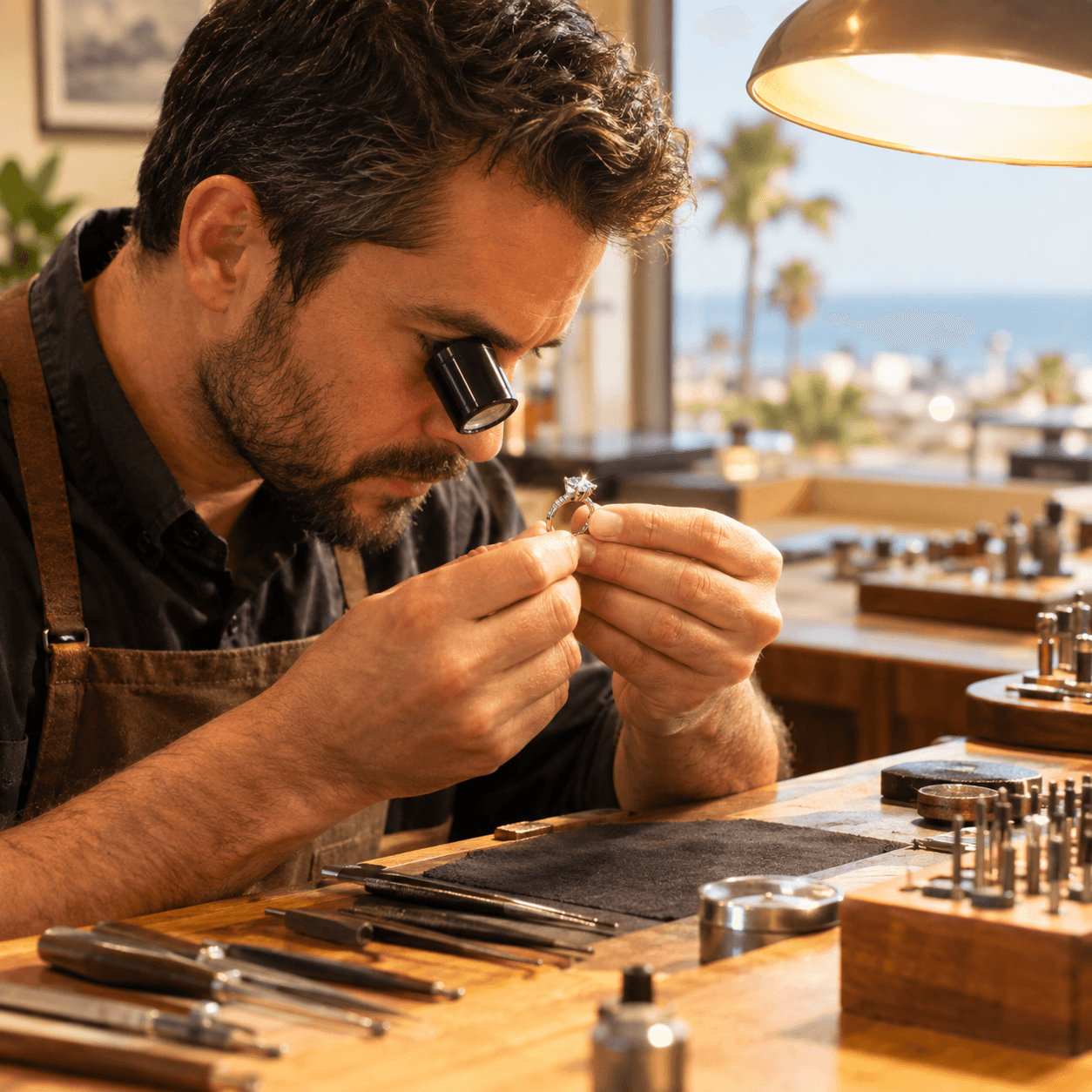 Jeweler examining a diamond ring through a loupe at a sunlit workshop bench