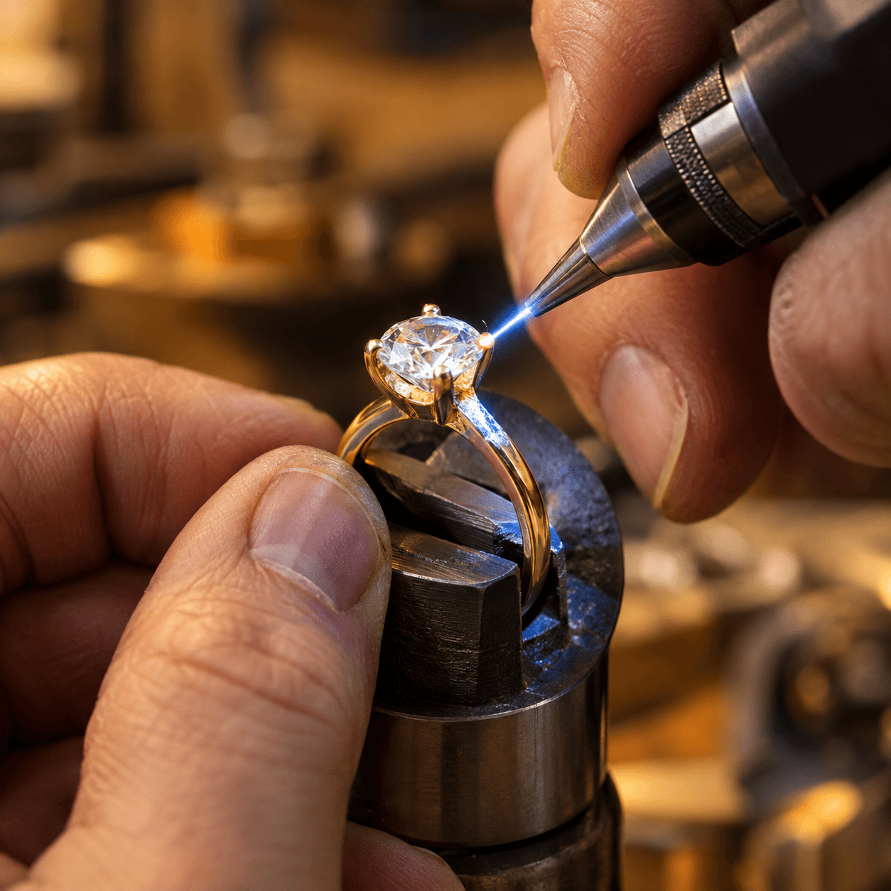 Jeweler's hands using a laser welder to set a diamond solitaire in a yellow gold ring
