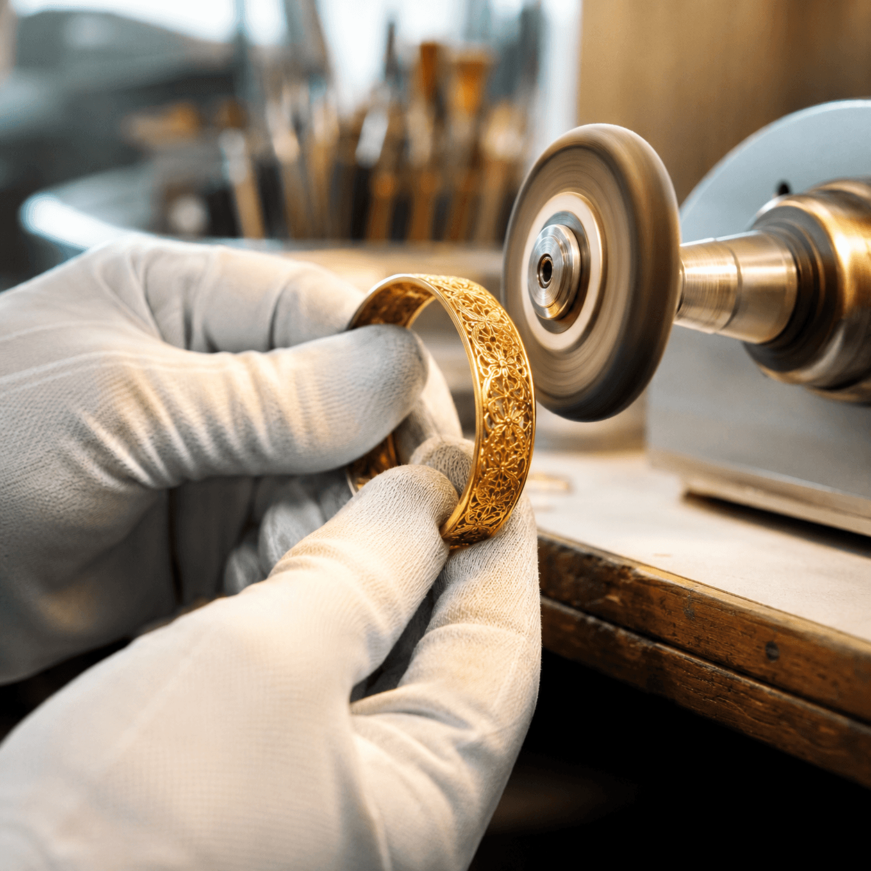 A jeweler's gloved hands buffing a gold bracelet with a polishing wheel in a well-lit jewelry workshop, warm overhead light