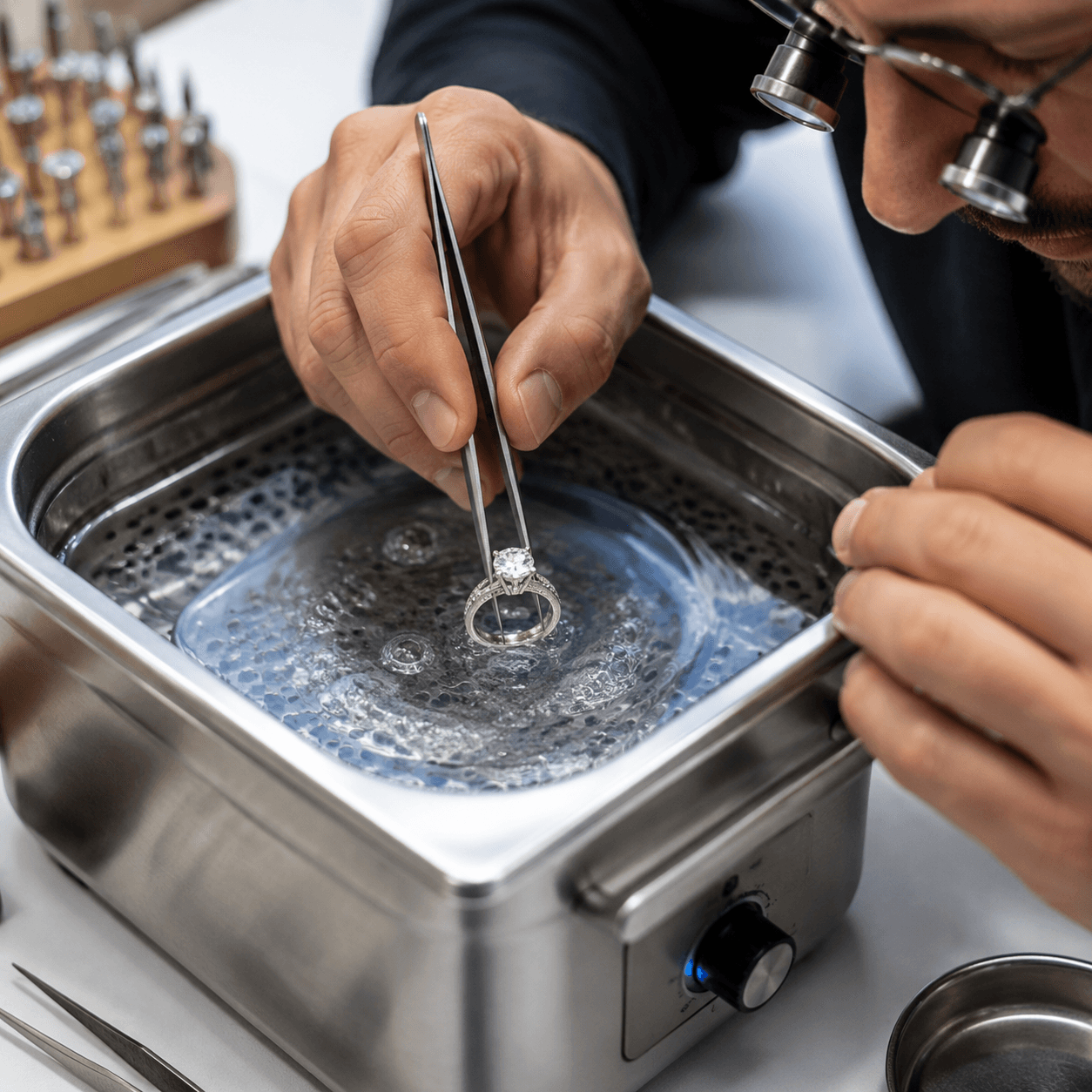 A jeweler using an ultrasonic cleaning machine to clean a sparkling diamond ring, close-up shot on a professional workbench
