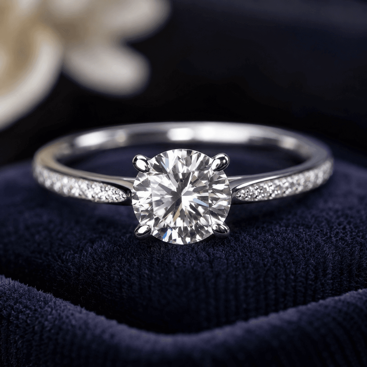 A gleaming diamond engagement ring resting on a dark velvet pad after professional polishing, macro shot with soft studio