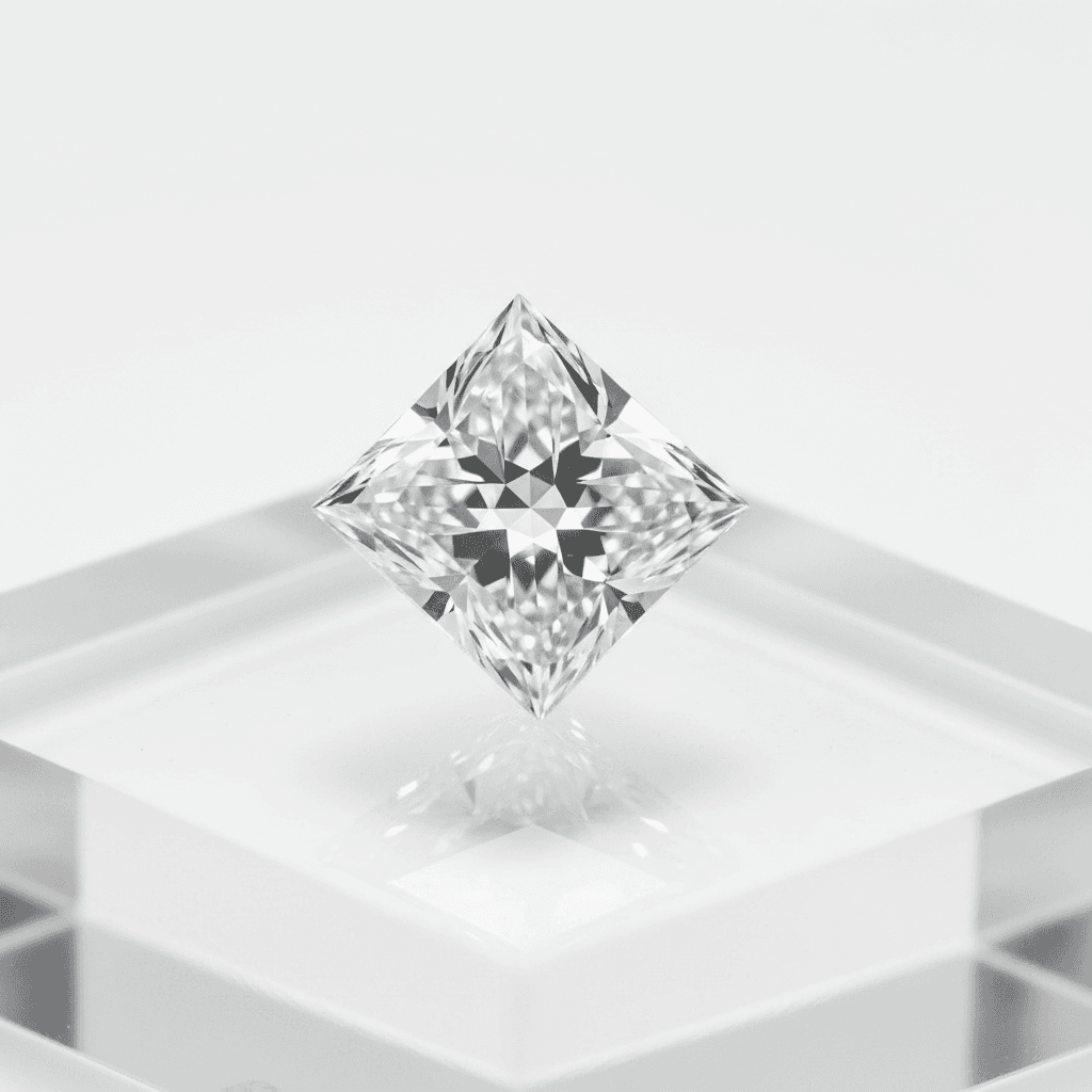 Loose princess-cut diamond balanced on a clear acrylic display block