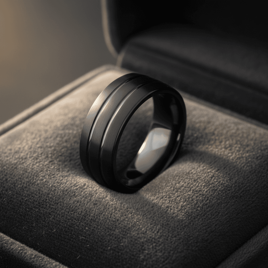 Matte black men's band ring with twin grooves resting in a velvet jewelry box